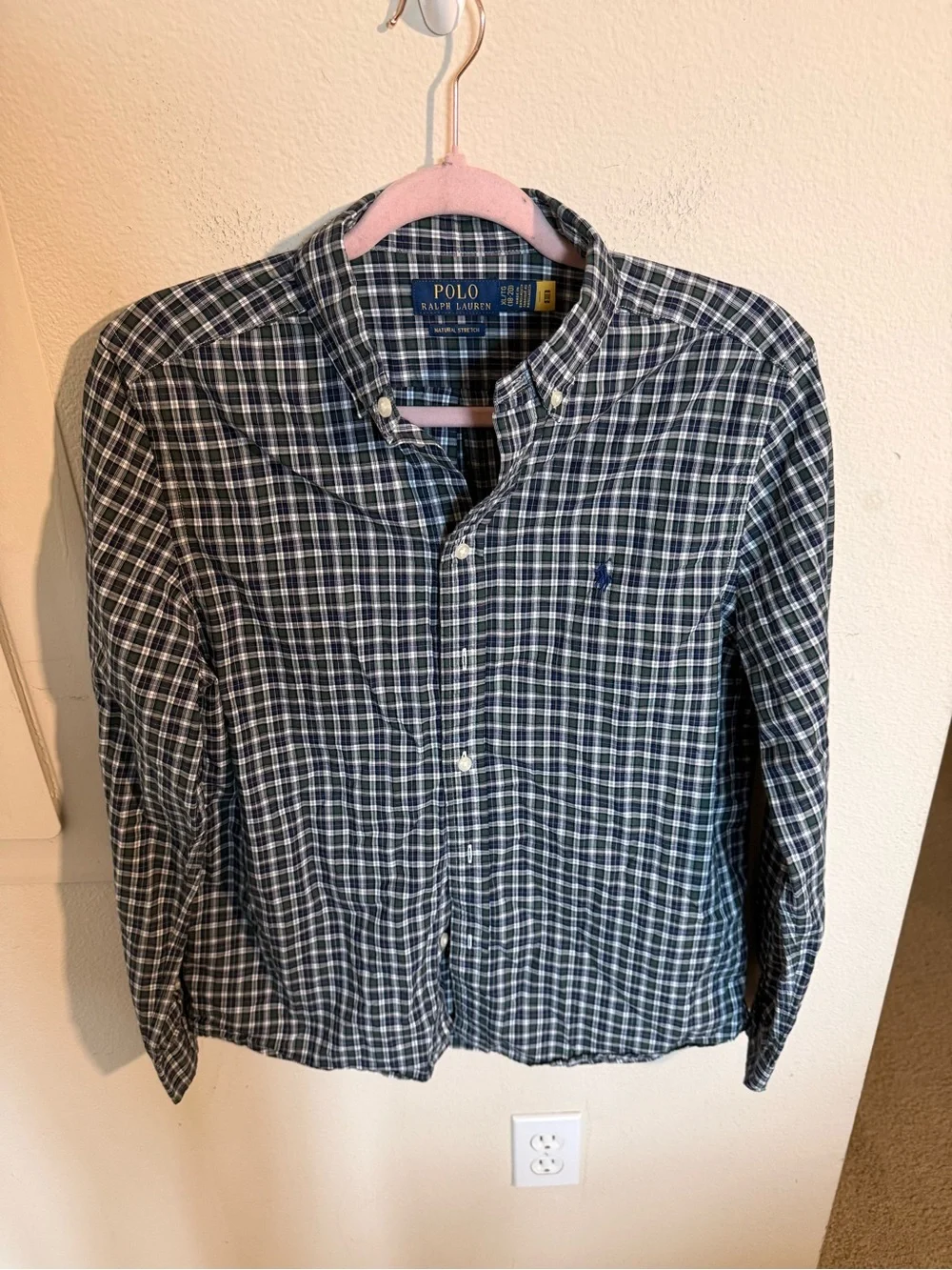 Polo Ralph Lauren Boys XL Plaid Button Down Shirt Blue Green Long Sleeve